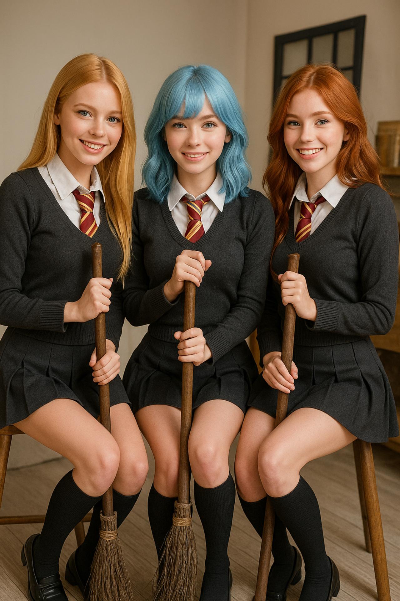 Buyucu Kadinlar Broomstick Uzerinde Poz Veriyor